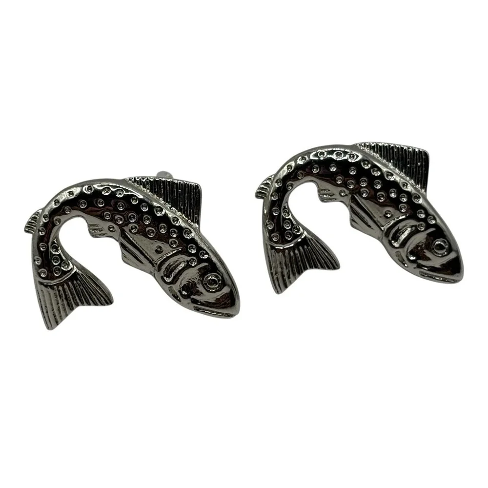 Fish Big‎ Mouth Bass Cufflinks Fishing Silver Tone Metal Shiny Modern River Lake